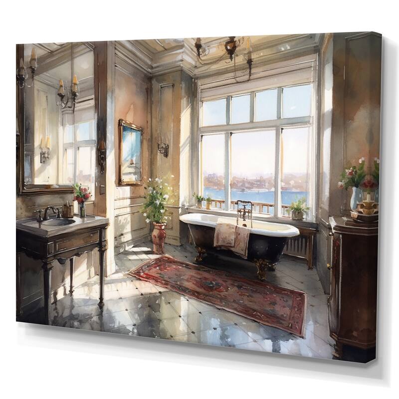 Designart "Bathtub Bliss With A View Of Brooklyn Bridge Ii" Bathroom